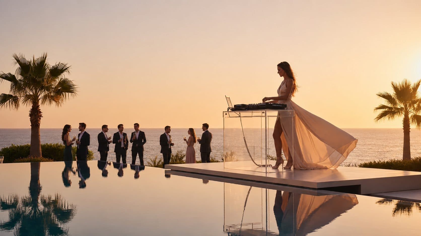 DJ en robe longue derrière ses platines au bord d’une piscine à débordement face à la mer, au coucher du soleil